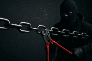 Supply chain risk in cybersecurity. Hooded man with bolt cutters cutting a chain.