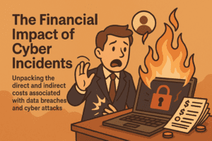 Financial impacts of a cyber incident. Man standing near a computer that is on fire in a cartoon style.