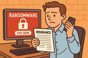 Cartoon man looking worried holding an insurance contract with ransomware notice on a computer screen