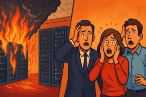 People looking panicked as servers are on fire.