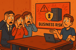 Cartoon executives showing shock at a business risk to a hapless IT technician