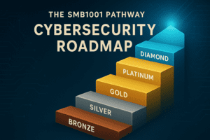 A stairway image with bronze, silver, gold, platinum, diamond showing a progressing of cybersecurity.